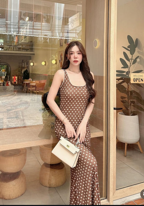 Polka Dot Deep Neck Long Maxi Dress